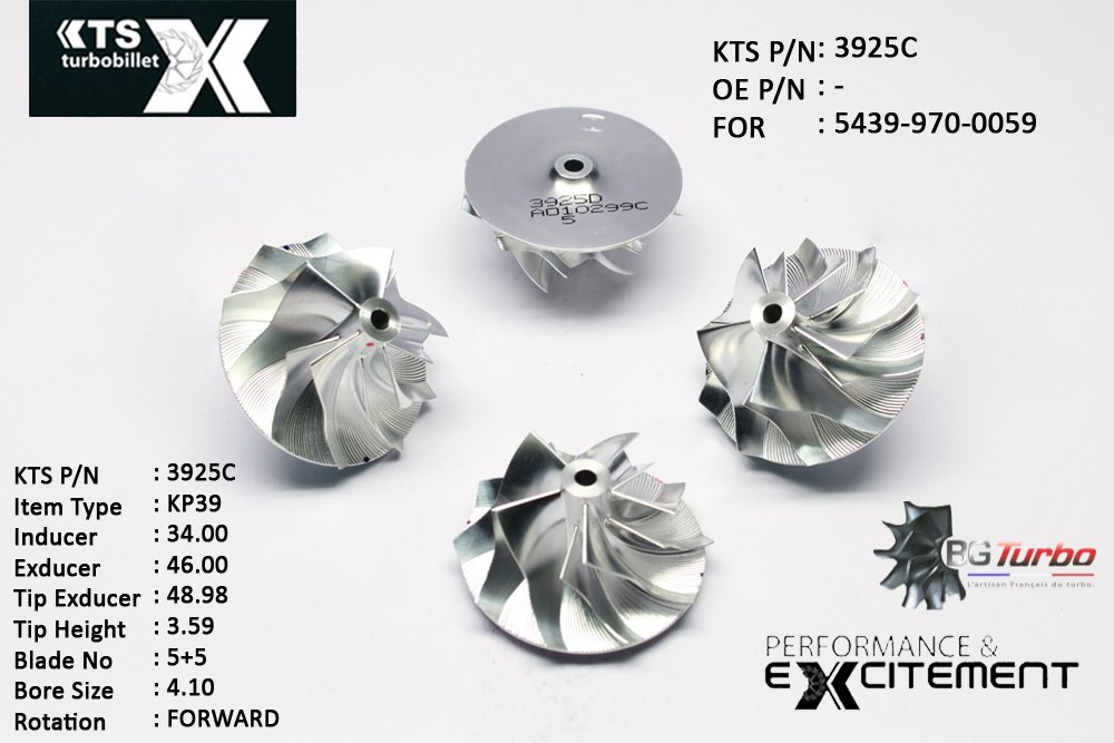 Turbo ROUE FORGÉE MFS PERFORMANCE - 5+5 PALES - INDUCER : 34 - EXDUCER : 46 - TYPE : KP39ANGLE : 40° - ROTATION : Forward - SUPER BACK : 2,81 - BORE SIZE : 4,1

